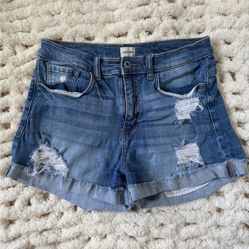Apricot Lane Boutique Distressed Stretch Denim High Waisted Shorts